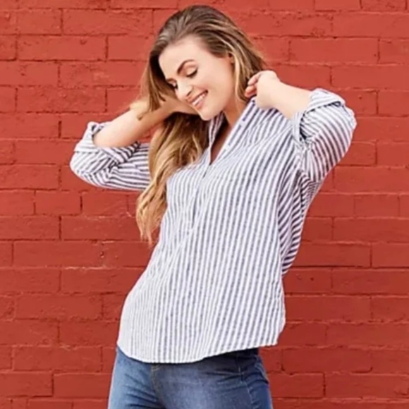 Rachel Hollis Woven Linen Striped Henley Shirt Grey White SZ 14 - Picture 2 of 16